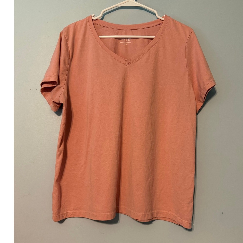 Time and Tru Women's XXL Pink V-Neck Short Sleeve Pima Cotton Blend T-Shirt 2045